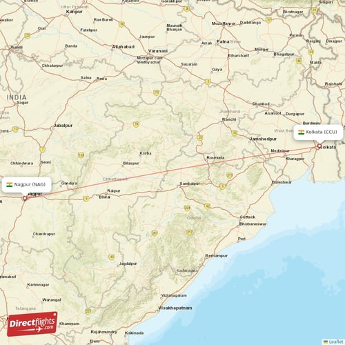 Kolkata - Nagpur direct flight map