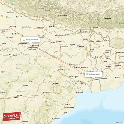Kolkata - Varanasi direct flight map