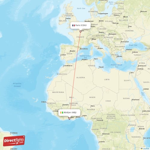 Paris - Abidjan direct flight map