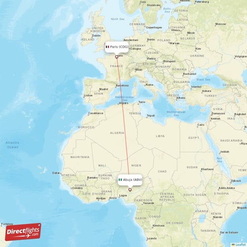 Paris - Abuja direct flight map