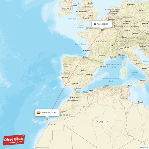 Paris - Lanzarote direct flight map
