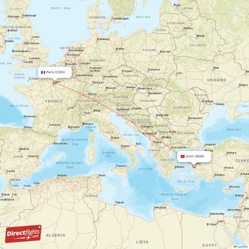 Paris - Izmir direct flight map