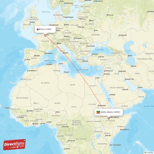 Paris - Addis Ababa direct flight map