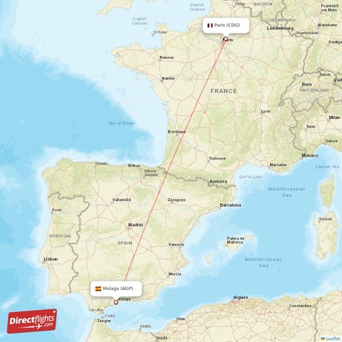 Paris - Malaga direct flight map