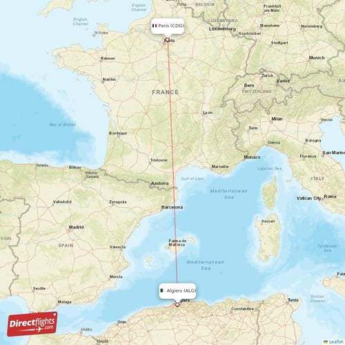 Paris - Algiers direct flight map