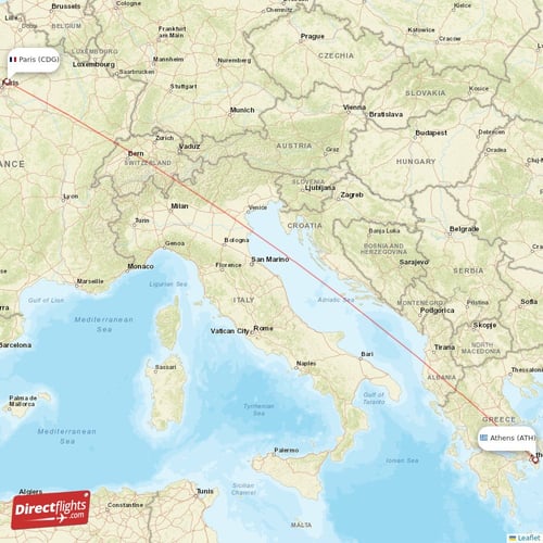 Paris - Athens direct flight map