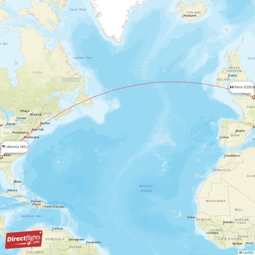Paris - Atlanta direct flight map