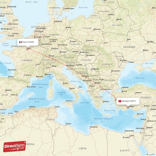 Paris - Antalya direct flight map