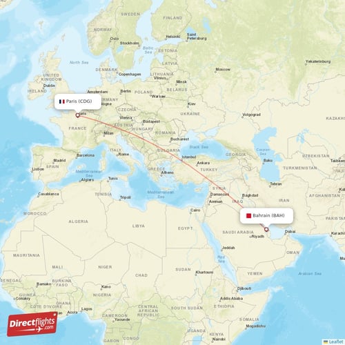 Paris - Bahrain direct flight map