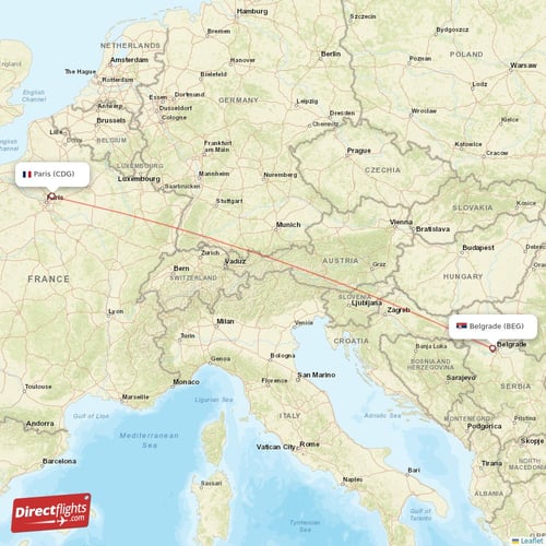 Paris - Belgrade direct flight map