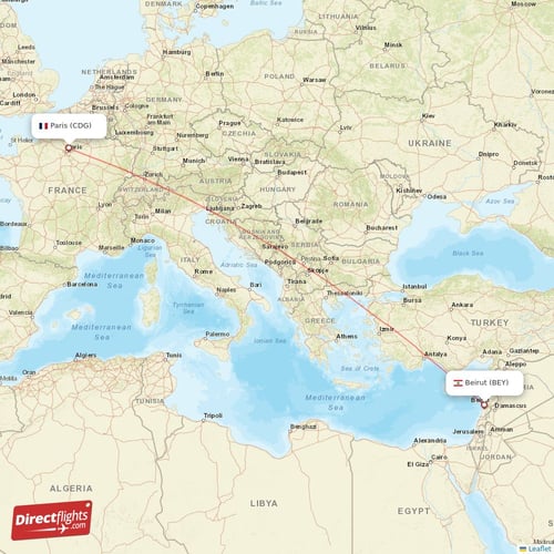 Paris - Beirut direct flight map