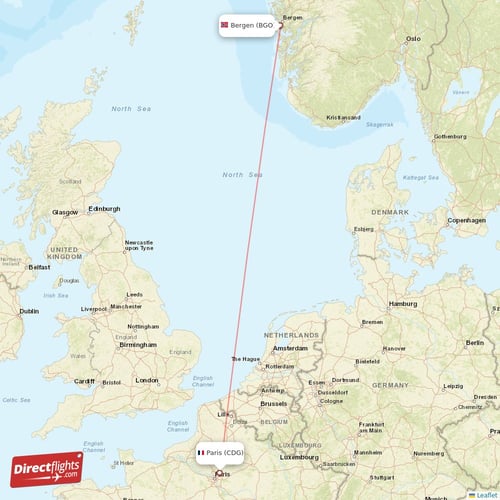 Paris - Bergen direct flight map