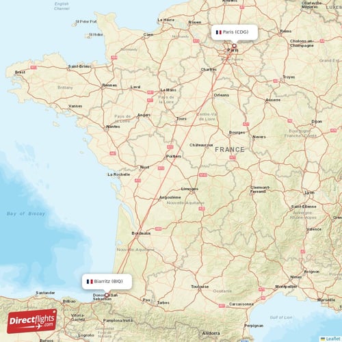 Paris - Biarritz direct flight map
