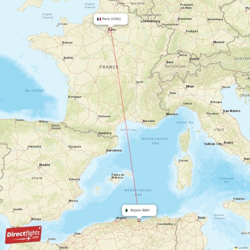 Paris - Bejaia direct flight map