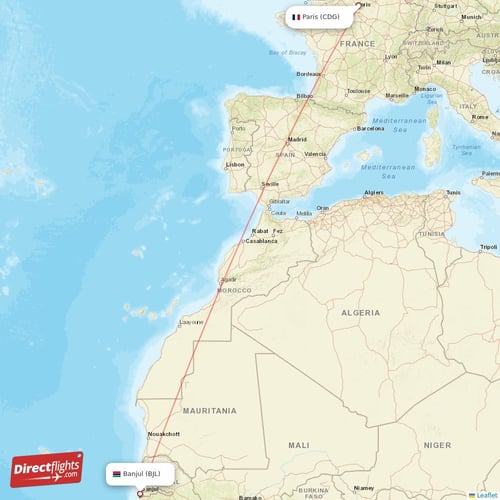 Paris - Banjul direct flight map