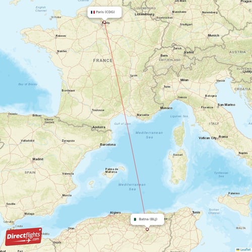 Paris - Batna direct flight map