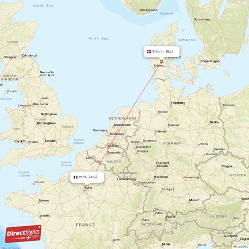 Paris - Billund direct flight map