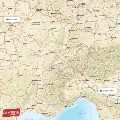 Paris - Bologna direct flight map