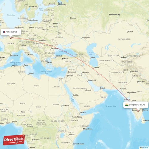 Paris - Bengaluru direct flight map