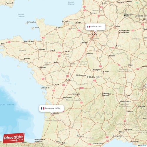 Paris - Bordeaux direct flight map