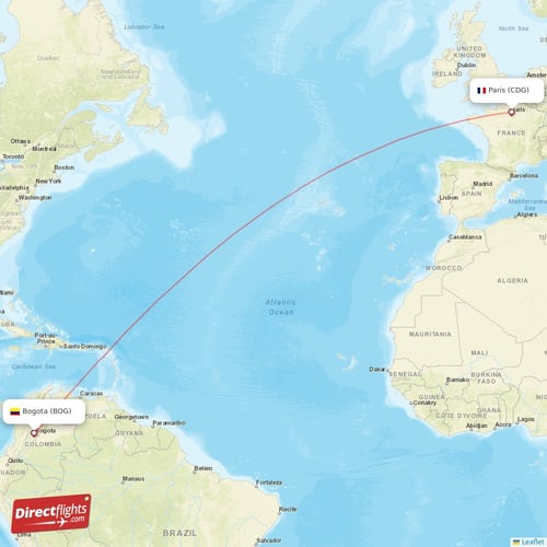 Paris - Bogota direct flight map