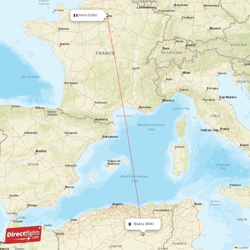 Paris - Biskra direct flight map