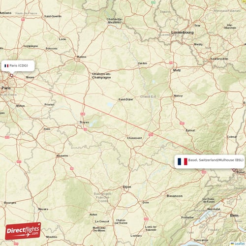 Paris - Basel, Switzerland/Mulhouse direct flight map