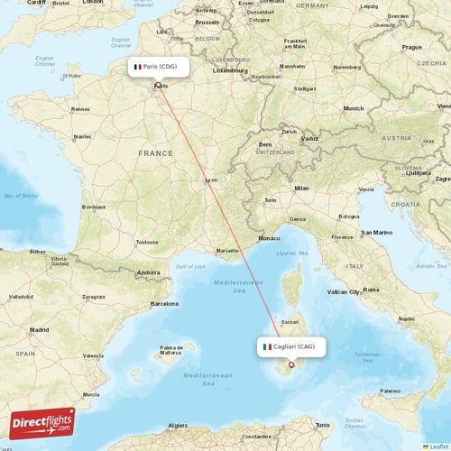 Paris - Cagliari direct flight map