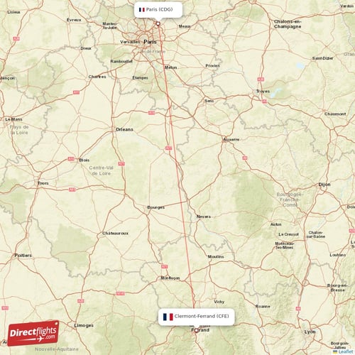 Paris - Clermont-Ferrand direct flight map