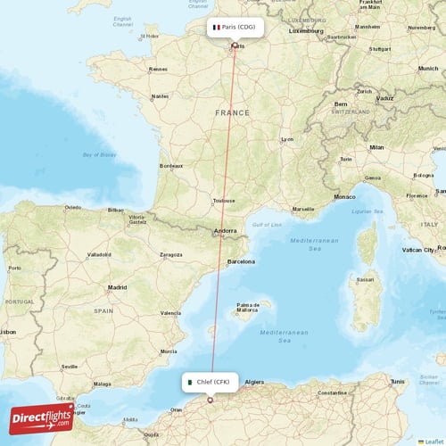 Paris - Chlef direct flight map