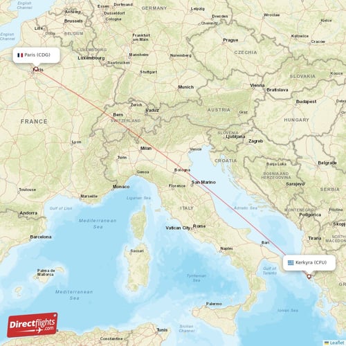Paris - Kerkyra direct flight map