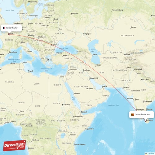 Paris - Colombo direct flight map