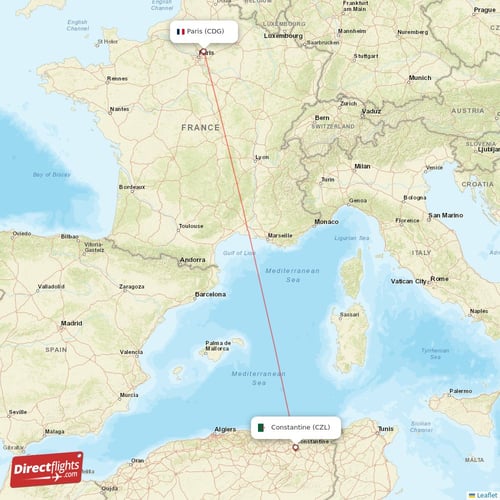 Paris - Constantine direct flight map