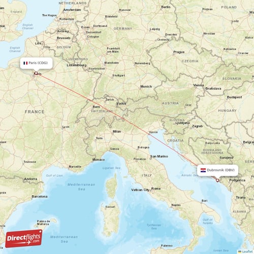 Paris - Dubrovnik direct flight map