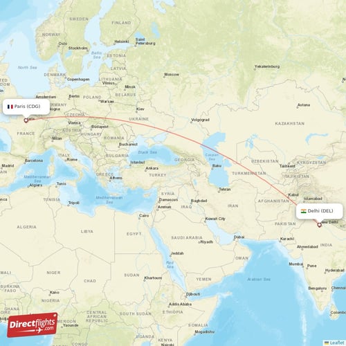 Paris - Delhi direct flight map