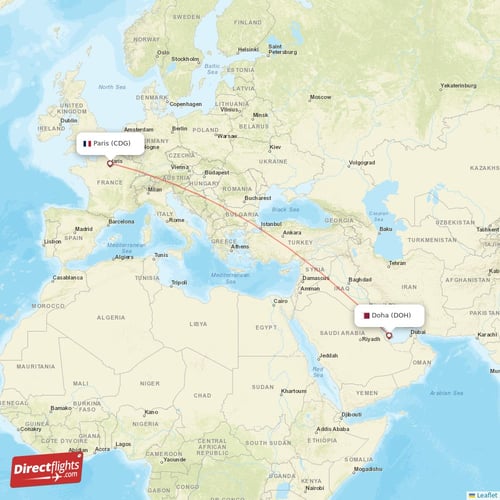 Paris - Doha direct flight map