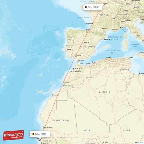 Paris - Dakar direct flight map