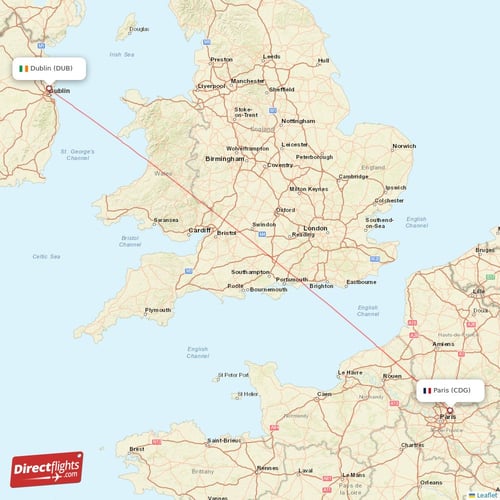 Paris - Dublin direct flight map
