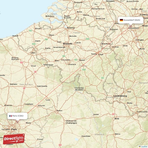 Paris - Dusseldorf direct flight map