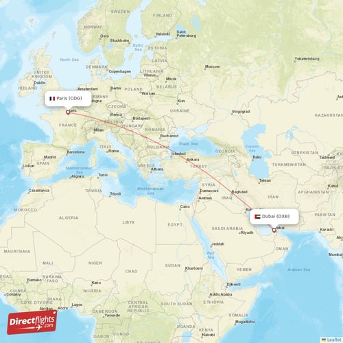 Paris - Dubai direct flight map