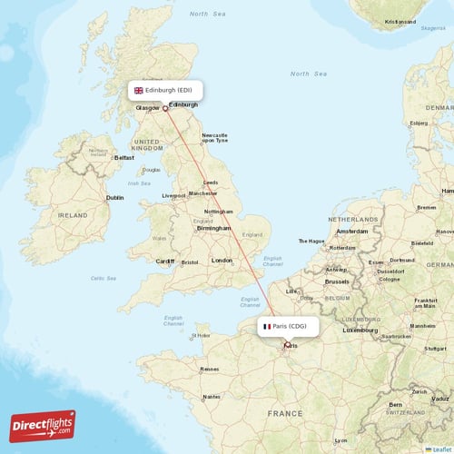 Paris - Edinburgh direct flight map