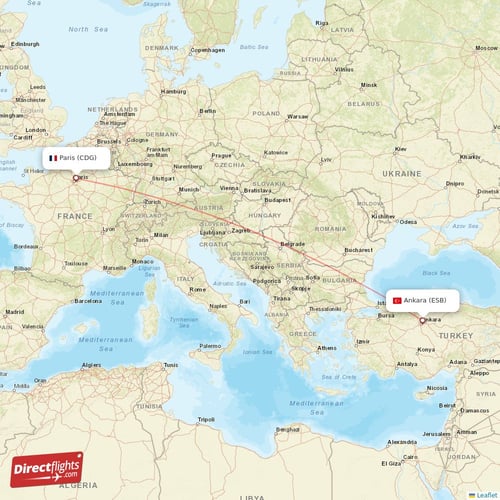 Paris - Ankara direct flight map