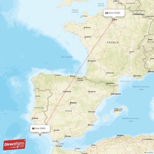 Paris - Faro direct flight map