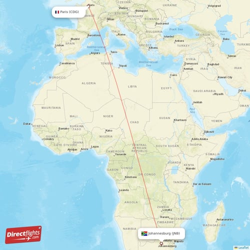 Paris - Johannesburg direct flight map