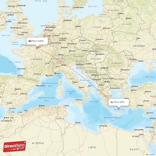 Paris - Thira direct flight map