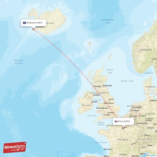 Paris - Reykjavik direct flight map