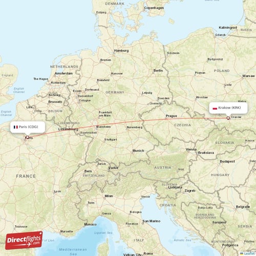 Paris - Krakow direct flight map