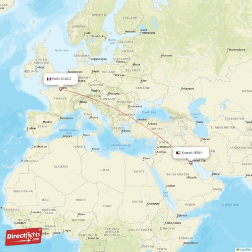 Paris - Kuwait direct flight map