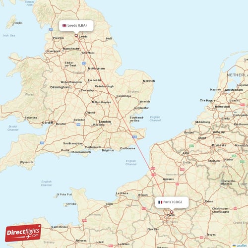 Paris - Leeds direct flight map