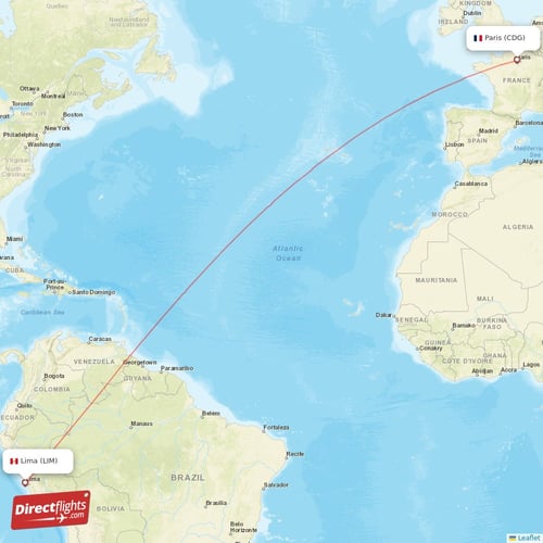 Paris - Lima direct flight map